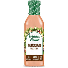 Walden Farms Russian Dressing bottle beside a fresh salad, zero calories.
