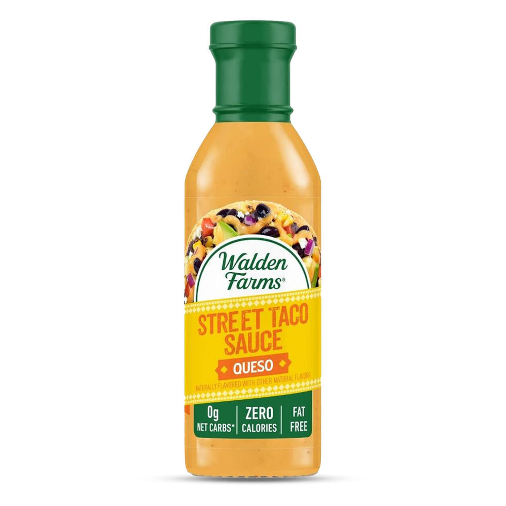 Walden Farms Street Taco Sauce Queso Flavor bottle shows zero calories for tacos.