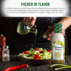Walden Farms Sweet Onion Dressing pouring into a bowl for fresh, zero-sugar salads.