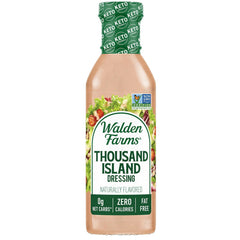Walden Farms Thousand Island dressing bottle, zero-calorie salad topper.