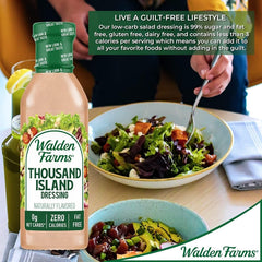 Walden Farms Thousand Island dressing glass pour, keto-friendly flavor boost.