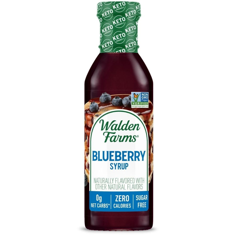 Walden Farms Blueberry Syrup bottle close-up for zero-calorie pancake topping.