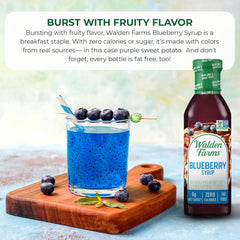 Walden Farms Blueberry Syrup on waffles delivering sugar-free blueberry flavor.