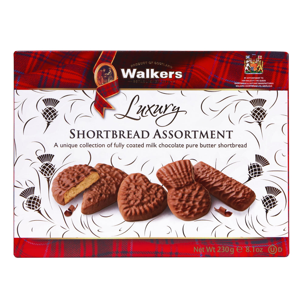 Walkers chocolate shortbread assortment box front view, premium holiday gift presentation.