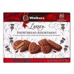 Walkers chocolate shortbread assortment box front view, premium holiday gift presentation.