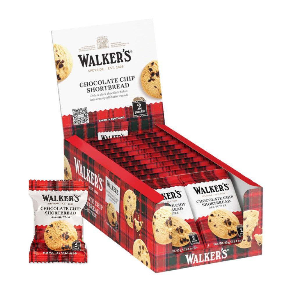 Walkers shortbread chocolate chip cookies 2-pack for on-the-go snacking and tea breaks.