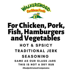 Walkerswood jerk seasoning label closeup highlights authentic Caribbean spice blend.