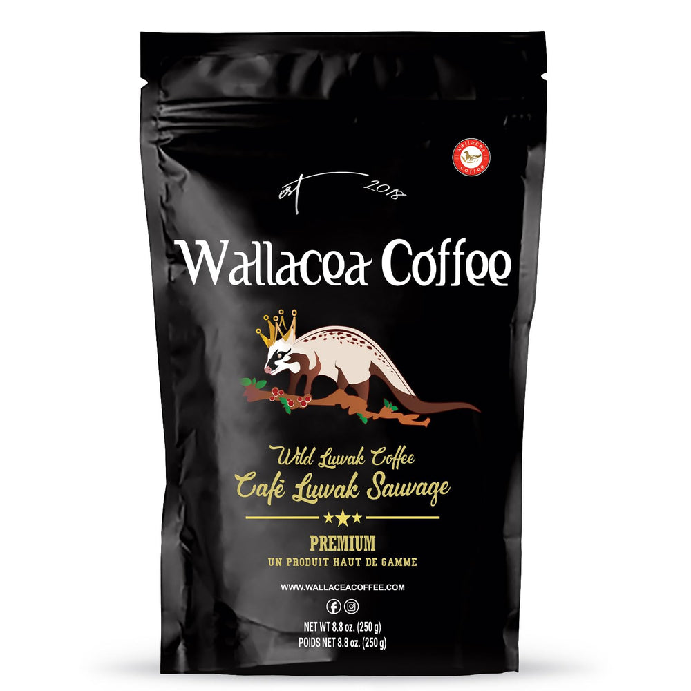 Wallacea Coffee Kopi Luwak ground bag showing premium, ethically sourced beans for a rich brew.