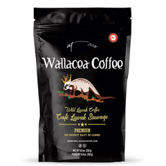 Wallacea Coffee Kopi Luwak ground bag showing premium, ethically sourced beans for a rich brew.