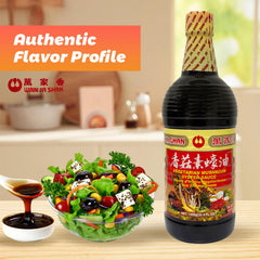 Close-up of Wan Ja Shan bottle label highlighting vegan, non-GMO, no MSG.