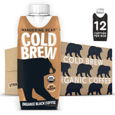 Wandering Bear Straight Black Cold Brew bottle pour highlights bold, smooth flavor for on-the-go enjoyment.