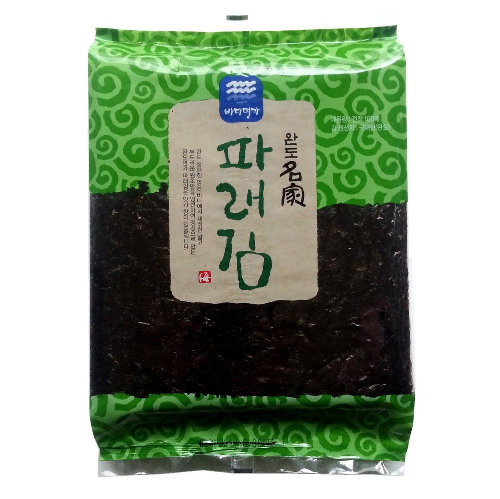 Wando Myungga dried kelp seaweed sheets fanned on a plate for quick snacking