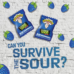 Warheads blue raspberry hard candy showing the sweet center for a satisfying bite
