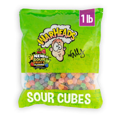 Warheads Cubes orange bag shows tangy, fruity candies for snacking.