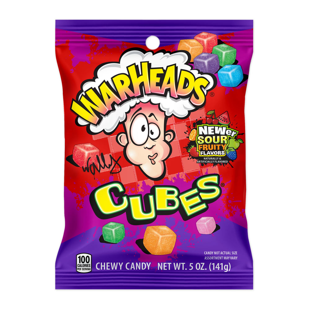 Warheads Cubes orange flavor close-up, tangy bite-sized candy for on-the-go snacking.