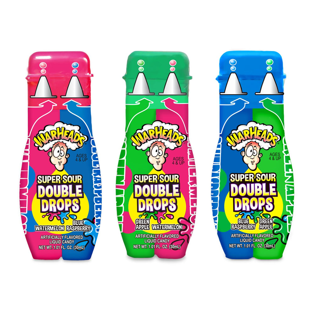 Warheads Double Drops blue raspberry and green apple bottles deliver bold sour adventure.