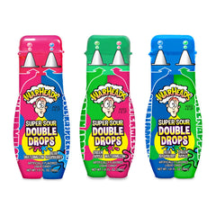 Warheads Double Drops blue raspberry and green apple bottles deliver bold sour adventure.