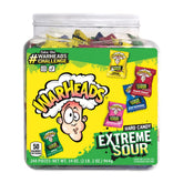 Warheads extreme sour hard candy 34oz tub front label with bold tart flavors.
