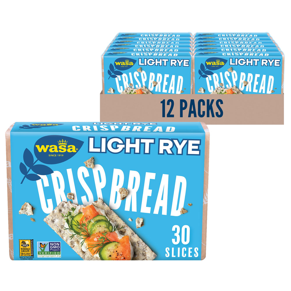 Wasa Light Rye Crispbread pack shows a 12-count box ready for pantry snacking