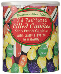 Washburn's Old Fashioned Filled Candy canister with assorted flavors for festive snacking.