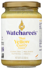 Watcharee's Thai Yellow Curry Sauce jar highlights authentic aroma for quick flavorful meals.
