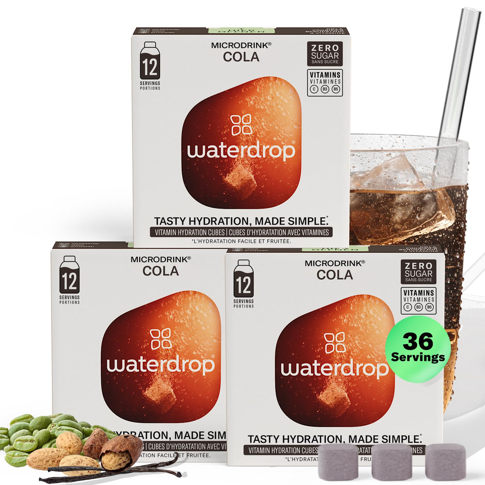 Waterdrop Microdrink Cola pack cubes ready for on-the-go hydration, sugar-free and vitamin-rich.