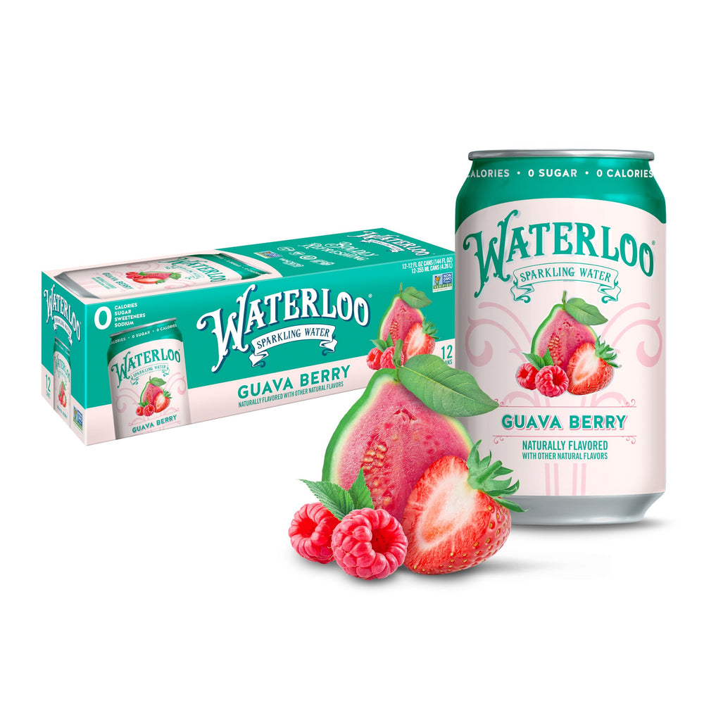 Waterloo Guava Berry can with vibrant bubbles, a refreshing zero-calorie option.