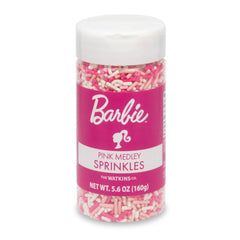 Watkins Barbie Sprinkles Pink Medley jar shows bright colors for fun decorating.