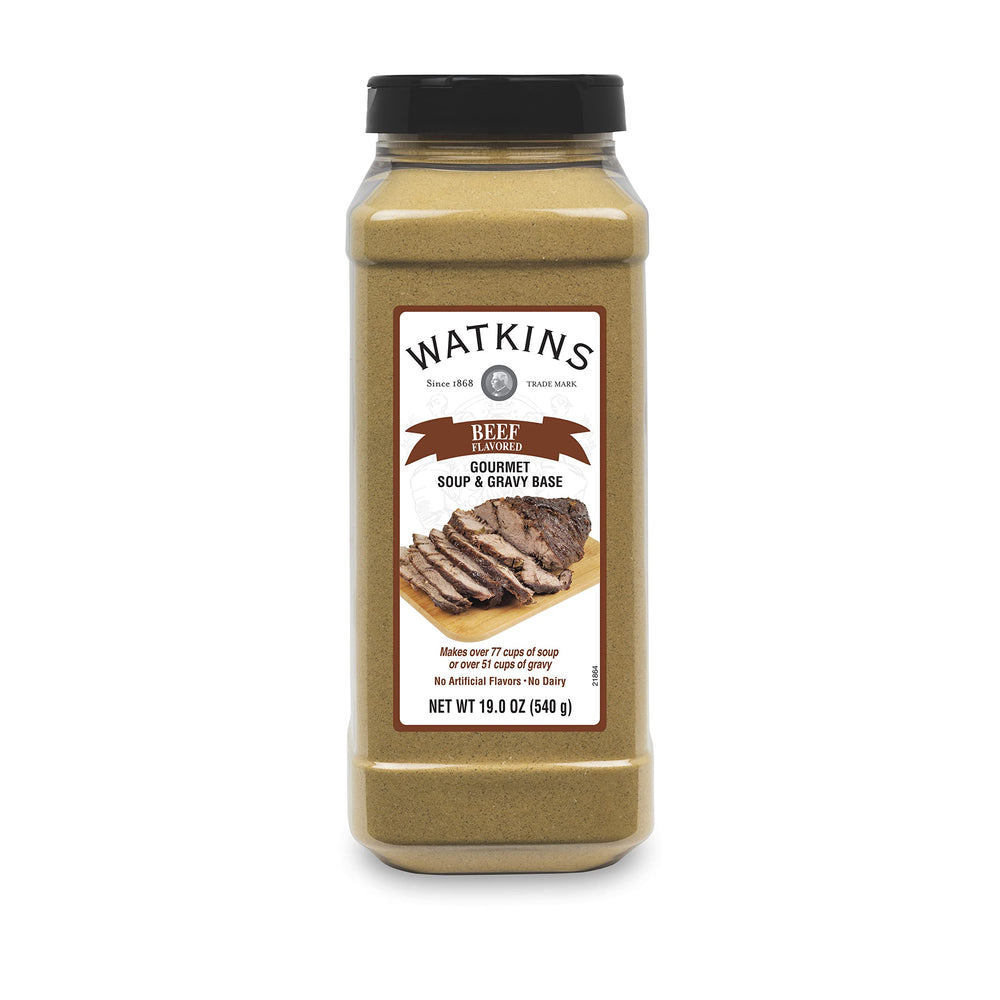Watkins Beef Base front label in a 19oz can for quick, homemade stocks.