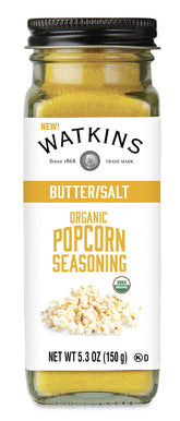 Watkins butter and salt popcorn seasoning jar close-up highlighting gourmet flavor.