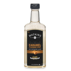 Watkins caramel coffee flavoring syrup bottle front elevates home café flavor.