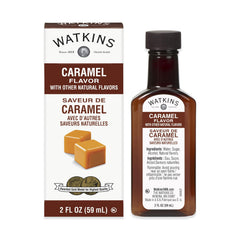 Watkins Caramel Flavor bottle-pour shows premium, concentrated caramel for baking and beverages