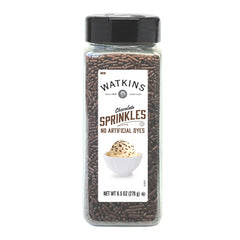 Watkins Chocolate Sprinkles jar showcasing natural colorings for vibrant cakes and cookies.