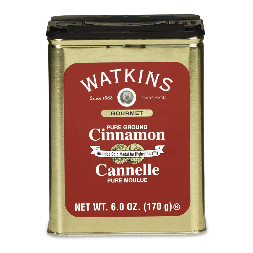 Watkins Cinnamon Tin front shows premium spice for baking and cozy morning coffees