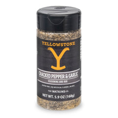Watkins cracked pepper garlic seasoning jar with coarse pepper crystals for bold flavor.