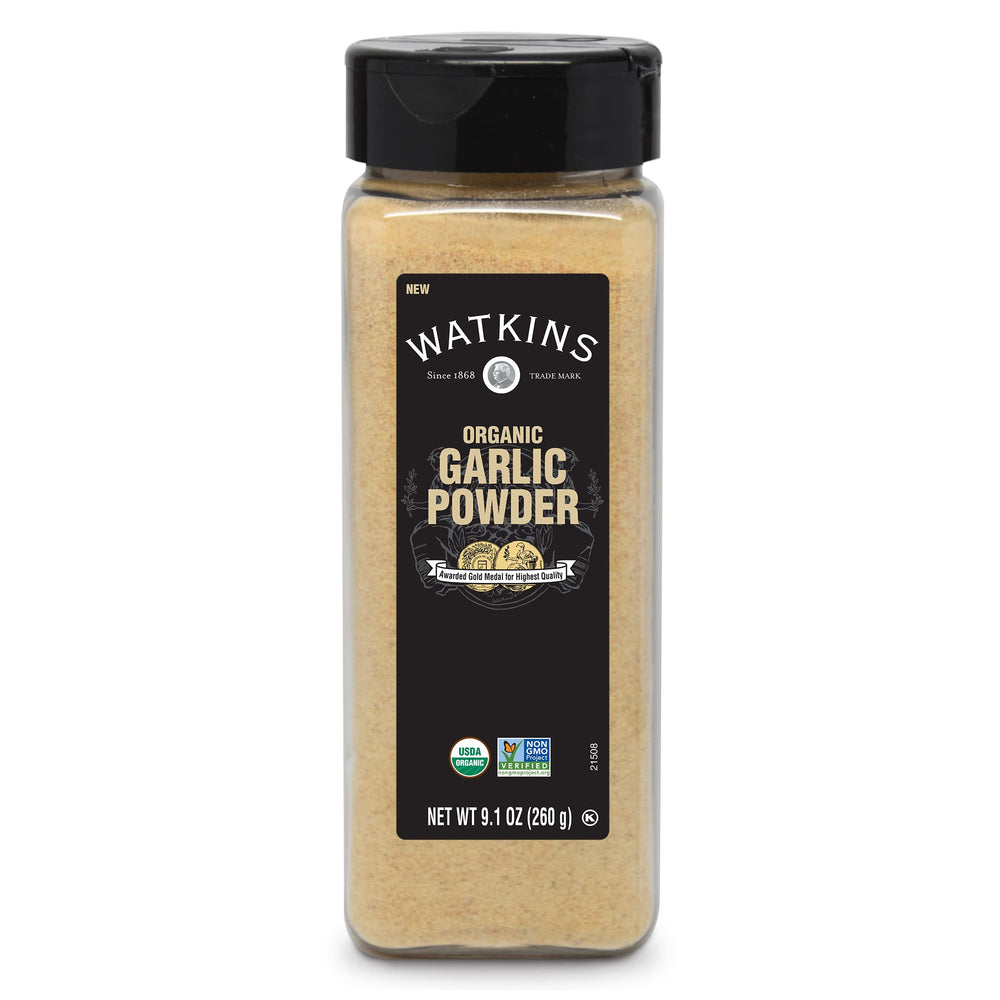 Watkins garlic powder bottle on shelf, adding warm aroma to everyday cooking.