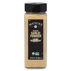Watkins garlic powder bottle on shelf, adding warm aroma to everyday cooking.