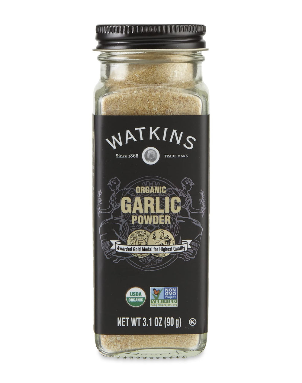 Watkins Garlic Powder bottle on a shelf, quick flavor access for meals.