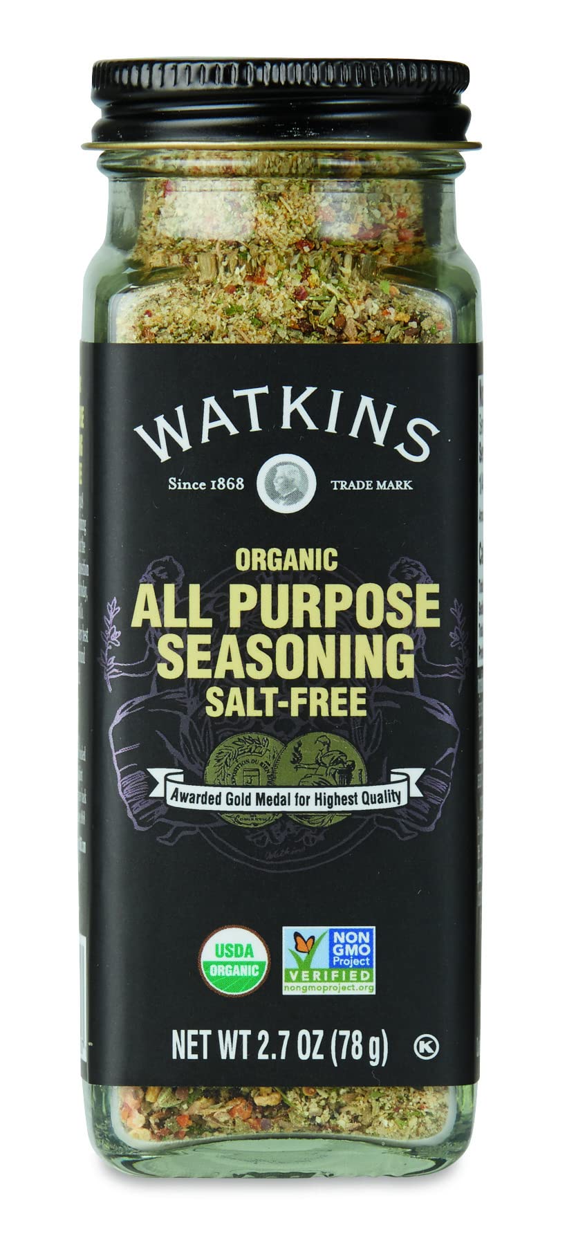 Watkins gourmet spice jar side view highlights salt-free blend ideal for everyday cooking