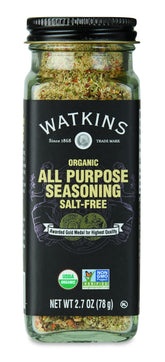 Watkins gourmet spice jar side view highlights salt-free blend ideal for everyday cooking