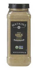 Watkins Organic Garlic Powder bottle label highlighting pure, aromatic flavor for home cooking.