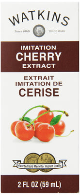 Watkins imitation cherry extract bottle with pour spout, ideal for dessert flavoring.