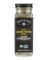 Watkins Lemon Pepper Blend bottle front with clear label and organic promise