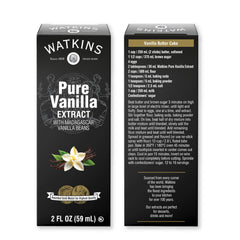 Watkins Madagascar vanilla beans visible inside extract for authentic aroma.