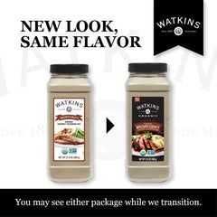 Watkins Organic Brown Gravy Seasoning dry-mix closeup shows rich, savory flavor potential for meals.