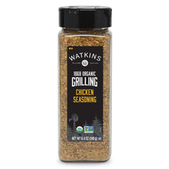Watkins Organic Chicken Seasoning bottle closeup for quick, flavorful poultry dishes