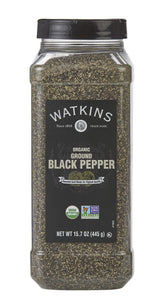 Watkins Organic Ground Black Pepper bottle showing dark pepper grains for rich flavor enhancement.