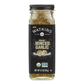 Watkins Organic Minced Garlic jar front enhances sauces with rich aroma.
