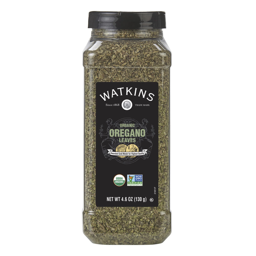 Watkins Organic Oregano bottle front showing label and bold aroma for Italian dishes