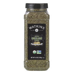 Watkins Organic Oregano bottle front showing label and bold aroma for Italian dishes